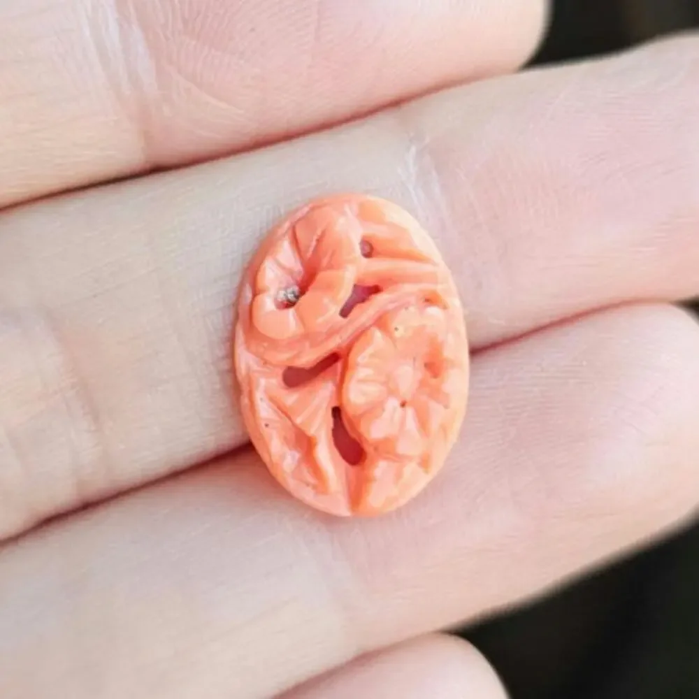 Antique Natural Salmon Coral Hand Carved Floral Oval Cabochon 2.55 CT Loose Gems